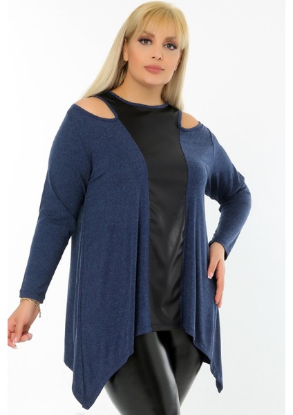 Omuz Dekolteli Yakası ve Önü Deri Bloklu Asimetrik Uzun Kol Tunik modelleri