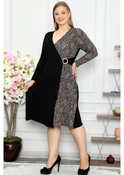Kruvaze Leopar Desen Çift Renk Kemerli Uzun Kol Elbise