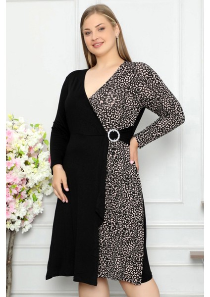 Kruvaze Leopar Desen Çift Renk Kemerli Uzun Kol Elbise fiyatları