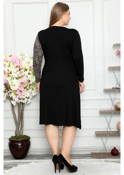 Kruvaze Leopar Desen Çift Renk Kemerli Uzun Kol Elbise modelleri