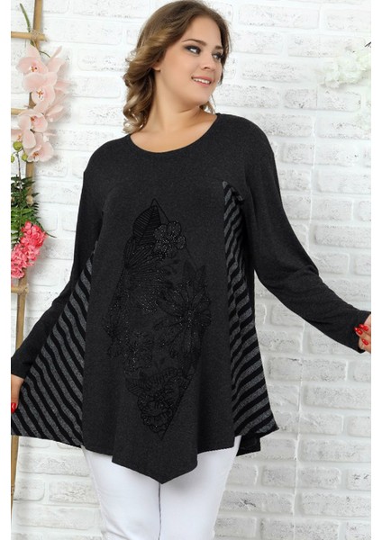 Asimetrik Bloklu Önü Çiçek Taş Baskılı Uzun Kol Dökümlü Bluz fiyatları