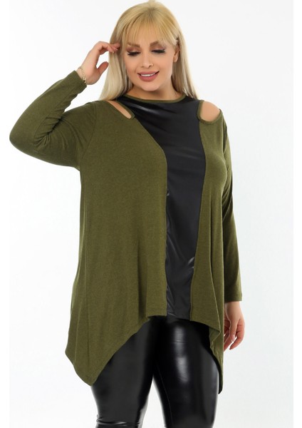Omuz Dekolteli Yakası ve Önü Deri Bloklu Asimetrik Uzun Kol Tunik