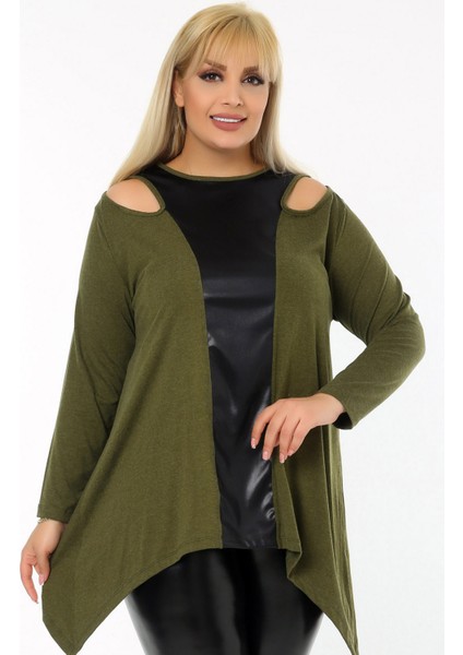 Omuz Dekolteli Yakası ve Önü Deri Bloklu Asimetrik Uzun Kol Tunik fiyatları
