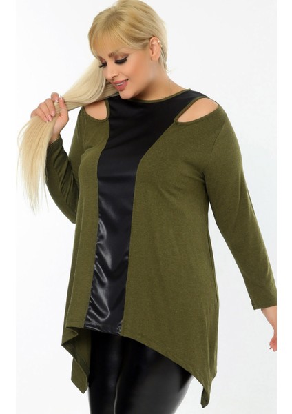 Omuz Dekolteli Yakası ve Önü Deri Bloklu Asimetrik Uzun Kol Tunik modelleri