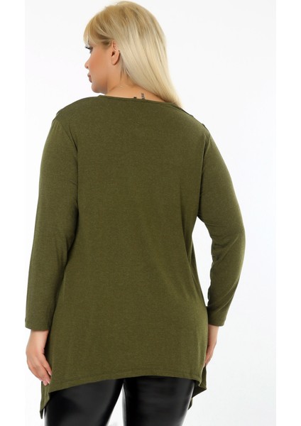 Omuz Dekolteli Yakası ve Önü Deri Bloklu Asimetrik Uzun Kol Tunik fırsatları