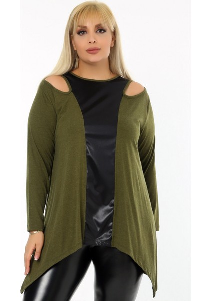 Omuz Dekolteli Yakası ve Önü Deri Bloklu Asimetrik Uzun Kol Tunik indirimleri