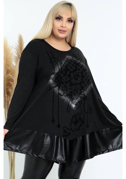 Çiçek Taş Işlemeli Eteği Derili Uzun Kol Dökümlü ve Rahat Tunik