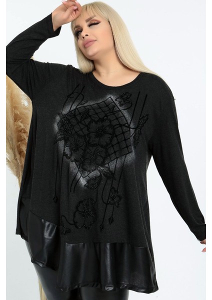 Çiçek Taş Işlemeli Eteği Derili Uzun Kol Dökümlü ve Rahat Tunik indirimleri