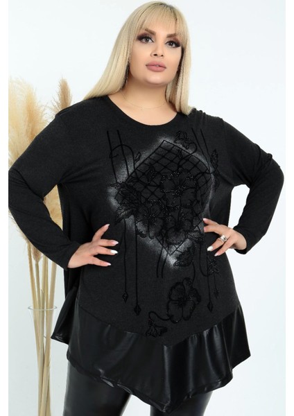Eteği Derili Çiçekli Taş Işlemeli Yuvarlak Yaka Uzun Kol Bluz