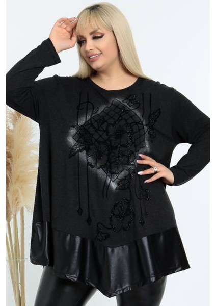Eteği Derili Çiçekli Taş Işlemeli Yuvarlak Yaka Uzun Kol Bluz fiyatları