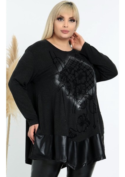 Eteği Derili Çiçekli Taş Işlemeli Yuvarlak Yaka Uzun Kol Bluz modelleri