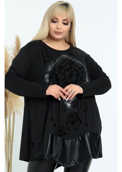 Eteği Derili Çiçekli Taş Işlemeli Yuvarlak Yaka Uzun Kol Bluz fırsatları