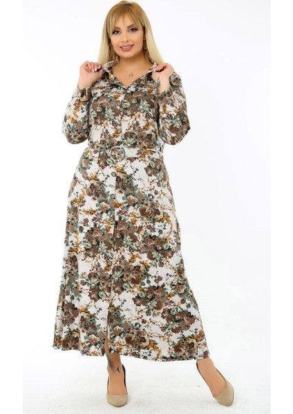 Uzun Kol Kemerli Çiçek Desenli Yırtmaçlı Gömlek Elbise fiyatları