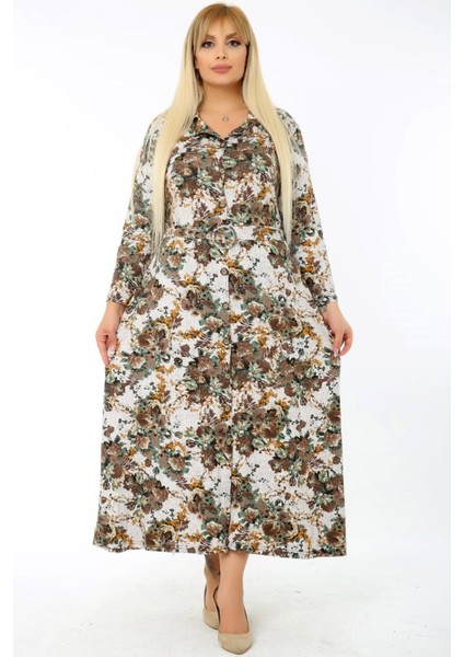 Uzun Kol Kemerli Çiçek Desenli Yırtmaçlı Gömlek Elbise modelleri