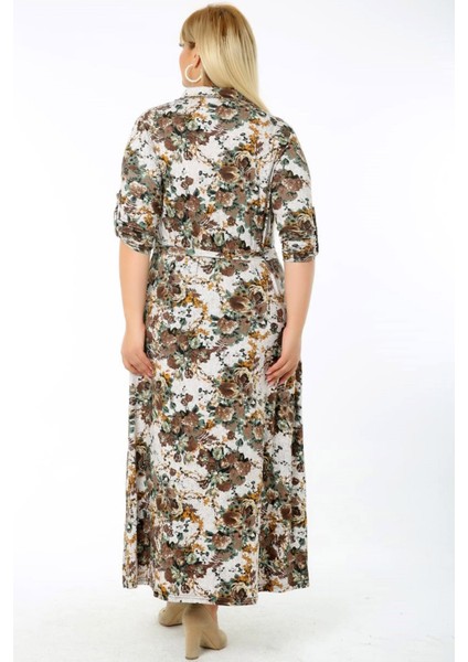 Uzun Kol Kemerli Çiçek Desenli Yırtmaçlı Gömlek Elbise fırsatları