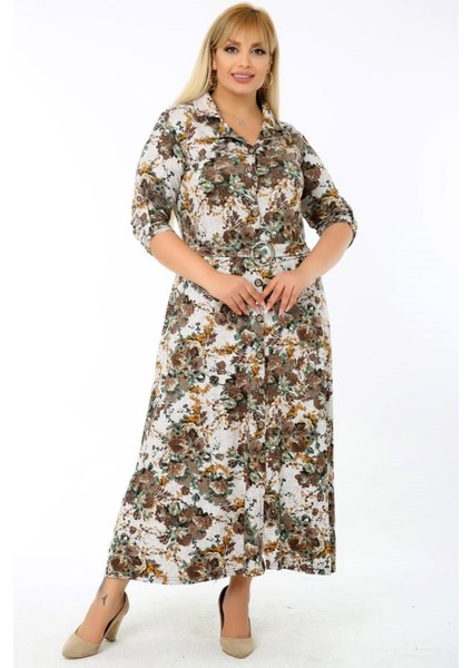 Uzun Kol Kemerli Çiçek Desenli Yırtmaçlı Gömlek Elbise indirimleri