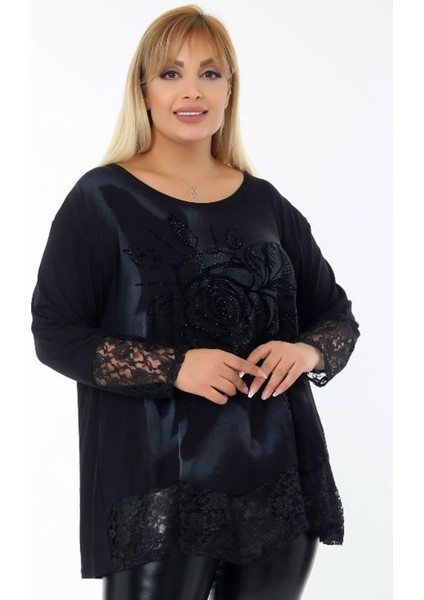 Etek ve Kol Ağzı Dantelli Flok Baskılı Gül Motifli Uzun Kol Tunik modelleri