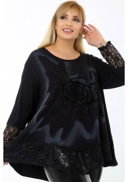 Etek ve Kol Ağzı Dantelli Flok Baskılı Gül Motifli Uzun Kol Tunik indirimleri