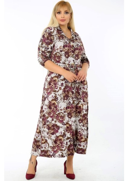 Uzun Kol Kemerli Çiçek Desenli Yırtmaçlı Gömlek Elbise fiyatları