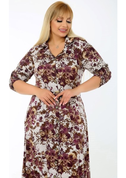 Uzun Kol Kemerli Çiçek Desenli Yırtmaçlı Gömlek Elbise modelleri