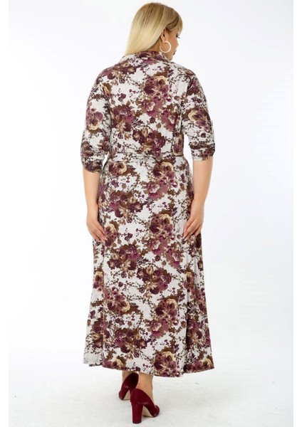 Uzun Kol Kemerli Çiçek Desenli Yırtmaçlı Gömlek Elbise fırsatları