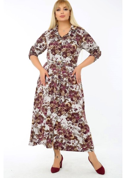 Uzun Kol Kemerli Çiçek Desenli Yırtmaçlı Gömlek Elbise indirimleri