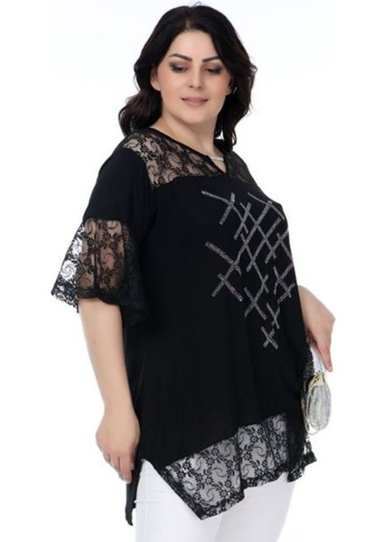 Dantel Detaylı V Yaka Önü Taş Baskılı Kısa Kol Yırtmaçlı Bluz fiyatları