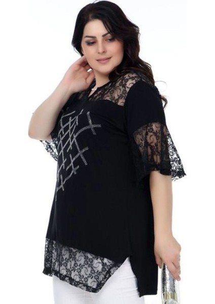 Dantel Detaylı V Yaka Önü Taş Baskılı Kısa Kol Yırtmaçlı Bluz modelleri