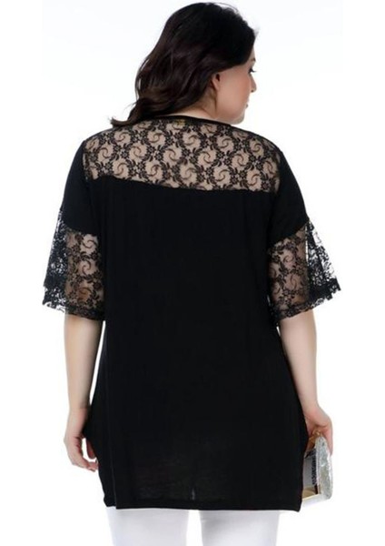 Dantel Detaylı V Yaka Önü Taş Baskılı Kısa Kol Yırtmaçlı Bluz fırsatları