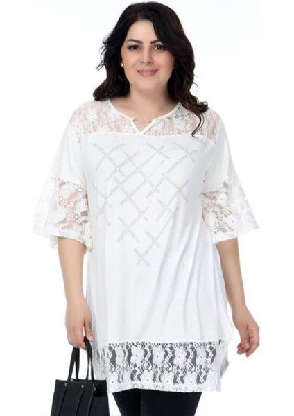 Önü Taş Baskılı Dantel Detaylı V Yaka Kısa Kol Yırtmaçlı Tunik