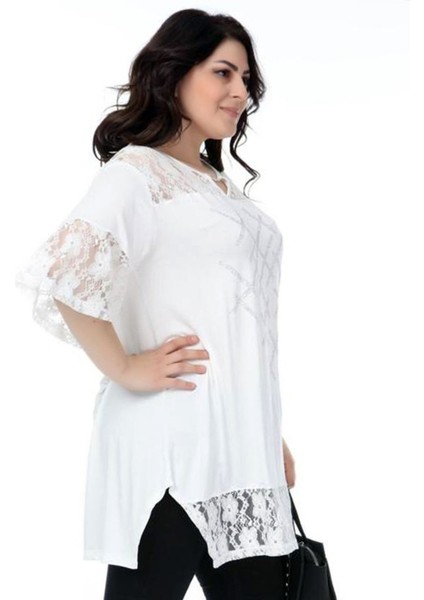 Önü Taş Baskılı Dantel Detaylı V Yaka Kısa Kol Yırtmaçlı Tunik fiyatları