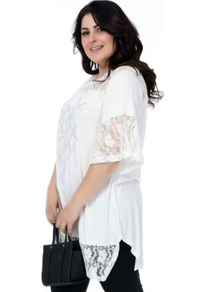 Önü Taş Baskılı Dantel Detaylı V Yaka Kısa Kol Yırtmaçlı Tunik modelleri