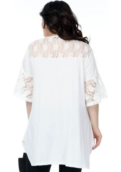 Önü Taş Baskılı Dantel Detaylı V Yaka Kısa Kol Yırtmaçlı Tunik fırsatları
