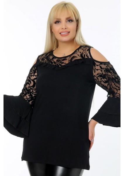 Göğsü ve Kolu Dantel Detaylı Volanlı Kol Rahat Dökümlü Tarz Bluz modelleri