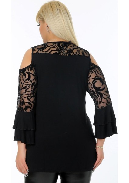 Göğsü ve Kolu Dantel Detaylı Volanlı Kol Rahat Dökümlü Tarz Bluz indirimleri