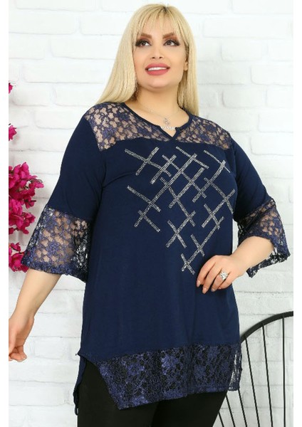 Dantel Detaylı V Yaka Önü Taş Baskılı Kısa Kol Yırtmaçlı Bluz fiyatları
