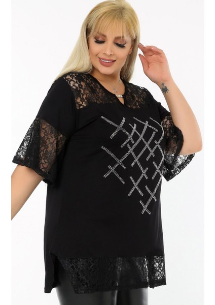 Önü Taş Baskılı Dantel Detaylı V Yaka Kısa Kol Yırtmaçlı Tunik modelleri