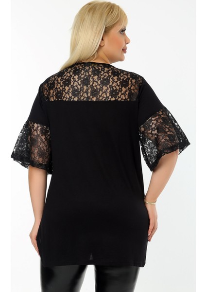 Önü Taş Baskılı Dantel Detaylı V Yaka Kısa Kol Yırtmaçlı Tunik fırsatları