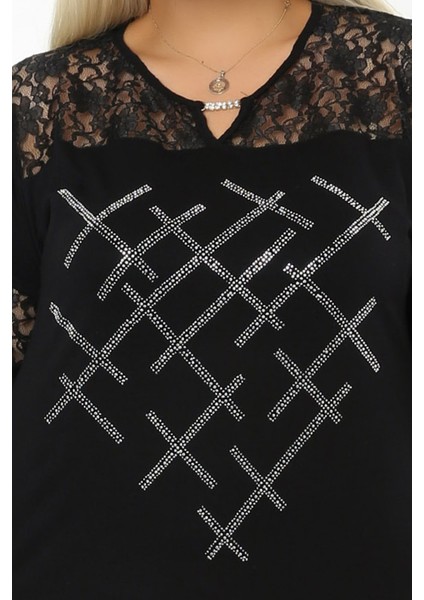 Önü Taş Baskılı Dantel Detaylı V Yaka Kısa Kol Yırtmaçlı Tunik indirimleri