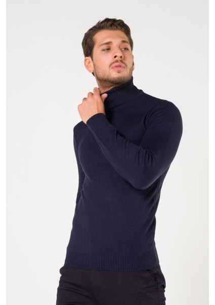 Erkek Balıkçı Yaka Lacivert Slim Fit Kışlık Kazak fiyatları