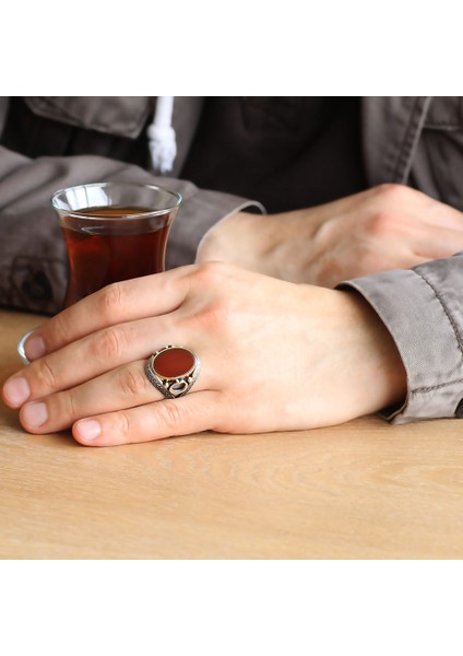 925 Ayar Gümüş Örgü Desen Düz Akik Taşlı Ay Yıldız Işlemeli Yüzük fiyatları