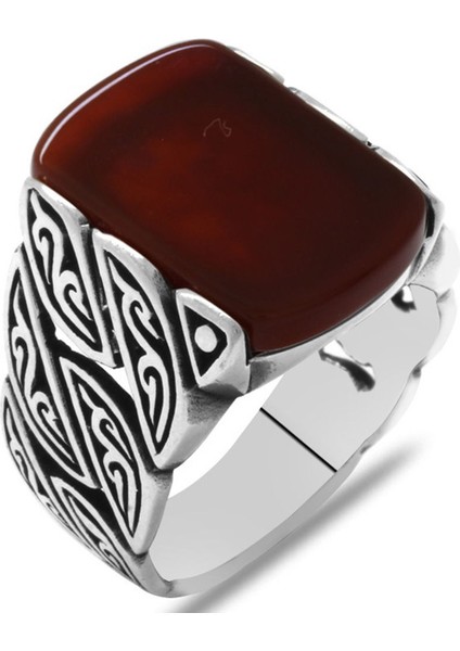 925 Ayar Gümüş Sarmaşık Tasarım Akik Taşlı Erkek Yüzük