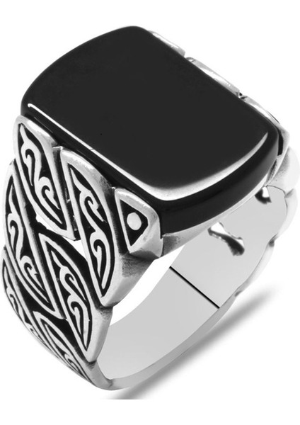 925 Ayar Gümüş Sarmaşık Tasarım Siyah Oniks Taşlı Erkek Yüzük
