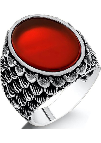 925 Ayar Gümüş Pul Desen Düz Akik Taşlı Erkek Yüzük