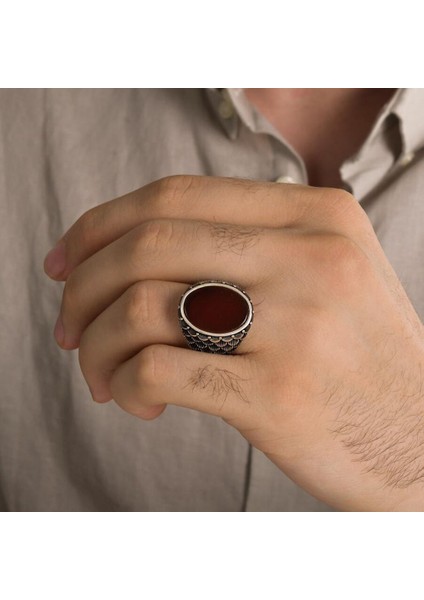 925 Ayar Gümüş Pul Desen Düz Akik Taşlı Erkek Yüzük fiyatları