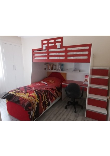 Z0200DPM Kırmızı Beyaz Merdivenli Deprem Ranzası 200250110CM