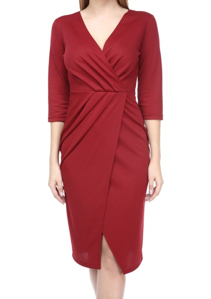 Kadın Bordo Pileli Mila Kumaş Kruvaze Elbise