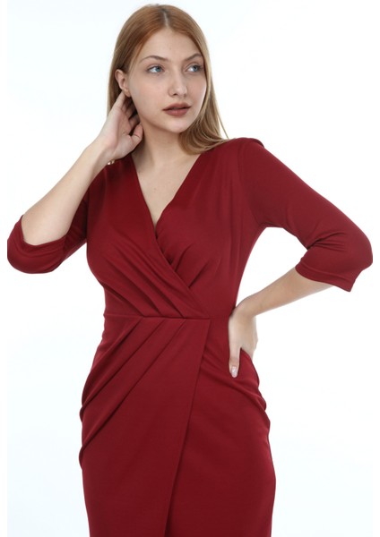 Kadın Bordo Pileli Mila Kumaş Kruvaze Elbise fiyatları