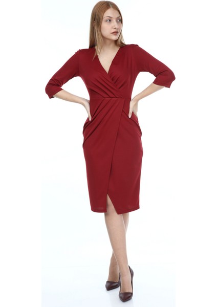 Kadın Bordo Pileli Mila Kumaş Kruvaze Elbise modelleri