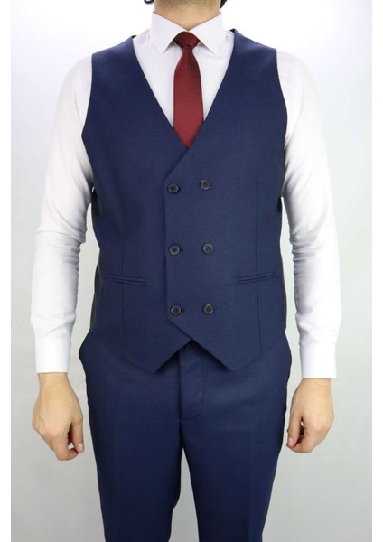 Lacivert Slim Fit Yelekli Erkek Takım Elbise